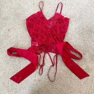 Red Sexy Lingerie Bodysuit Lacy Ribbon Naughty Sleepwear, Size Small